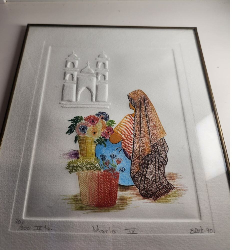Vintage handmade Ink original embossed art thin metal framed glass w/ hook